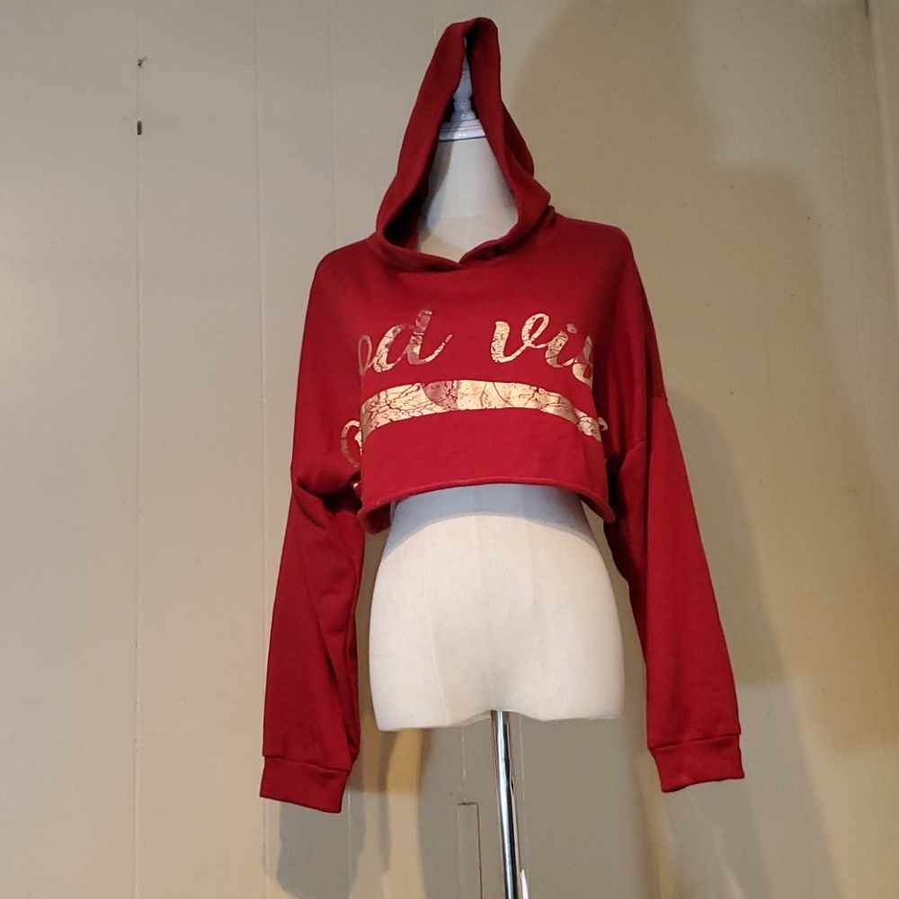 Stella Tweed Good Vibes Cropped Red & Gold Hoodie